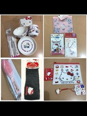 HELLO KITTY POUCH BAG, KEYCHAIN, BOWL PLATE FORK CUP COASTER BUNDLE SET